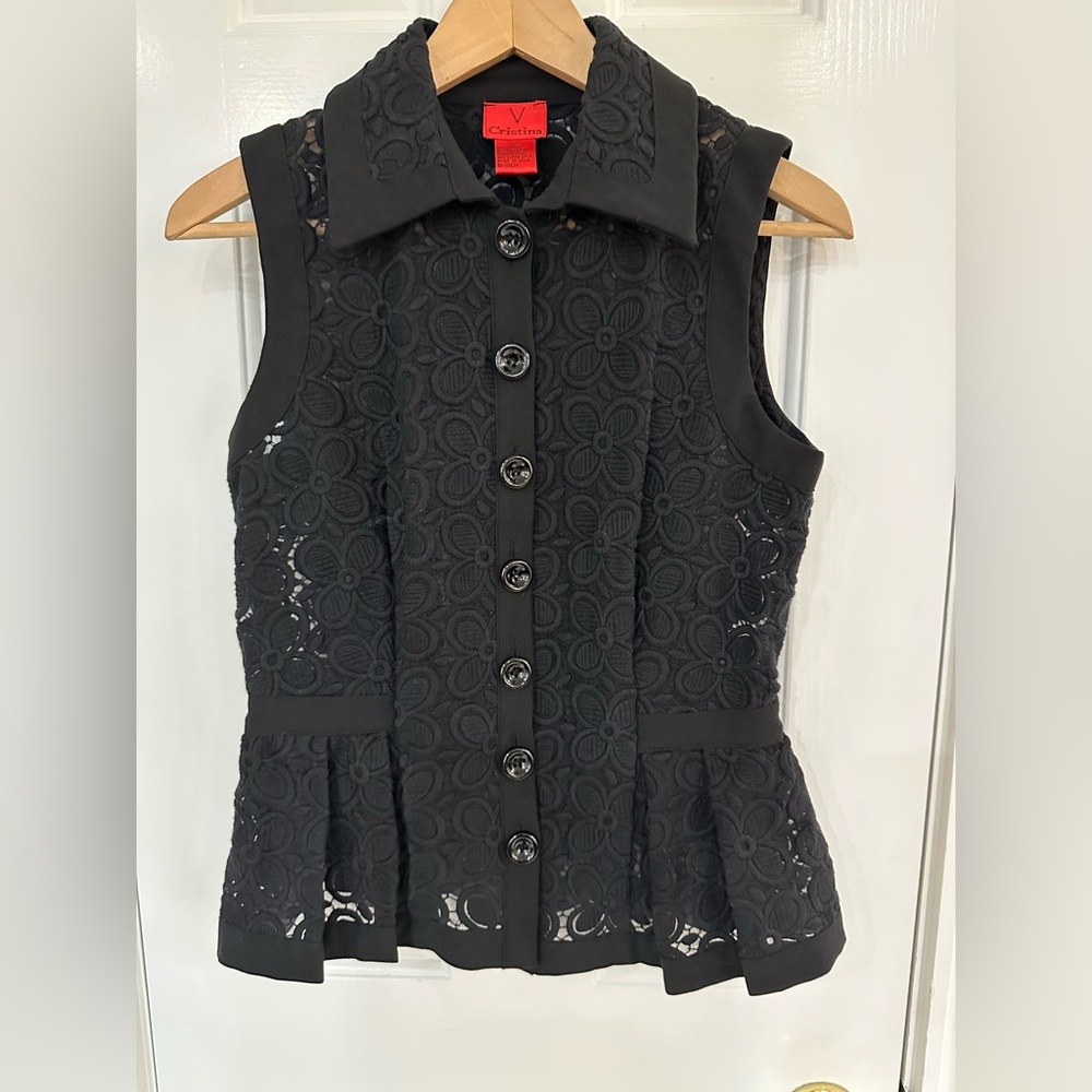 Cristina V Black Sleeveless Peplum Floral Lace Button-Up Blouse Women’s Size M
